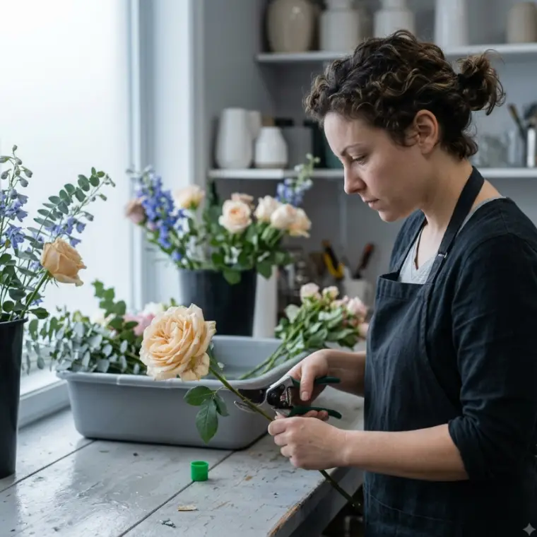 Florista preparando arranjo na bancada