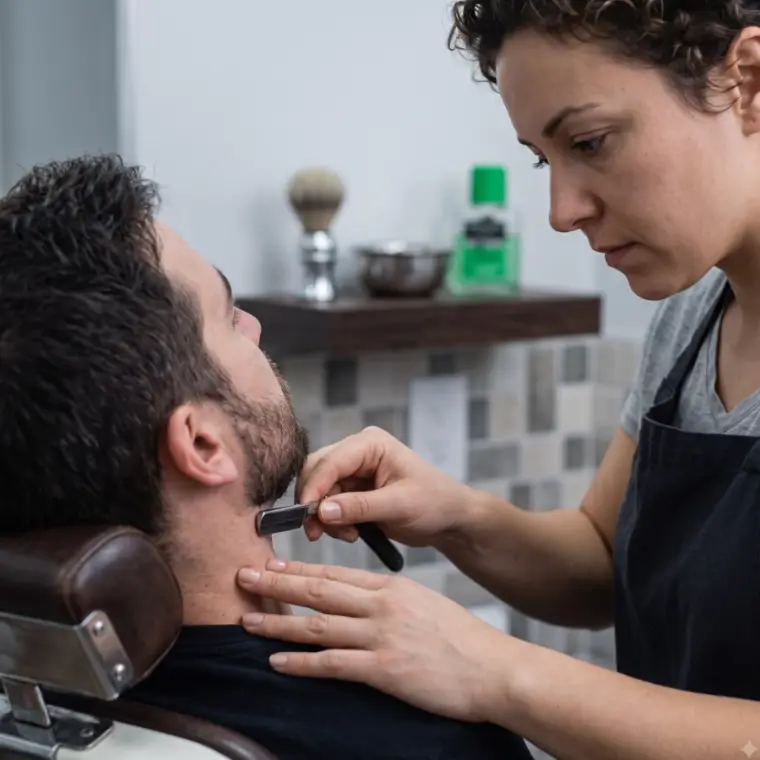 Barbeira fazendo a barba de um cliente