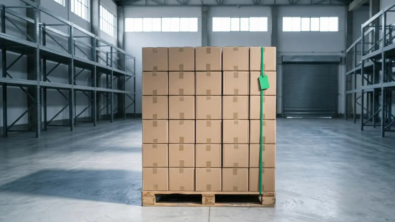 Pallet de caixas iguais no corredor do galpão, com cinta verde